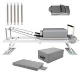 Foldable Pilates Reformer Machine Set, Balanced Body Pilates Reformer Stretching Training Bed with Sitting Box, Jump Board, Foot Strap and 10 Stainless Steel Springs (Grey)