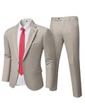 MrSure Men's 2 Piece Slim Fit Suit with Two-Button, Solid Stretch Jacket Pants & Tie Set Beige