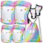 Unicorn Knee and Elbow Pads for Kids Girls 6 in 1 Adjustable Protective Gear Set with Drawstring Bag,3-8yrs