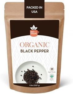 SPICY ORGANIC Whole Black Pepper - 5 lb. - Fresh and Aromatic Peppercorns, Perfect for Grinder Refill and Seasoning, USDA Certified Organic, Gluten-Free, Non-GMO Spice