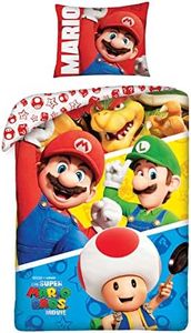 Ensemble de Housse de Couette Simple et Taie d'oreiller du Film Nintendo Super Mario Bros Gang - Coton 100% et Housse de Couette réversible pour Enfants, Filles et garçons