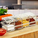 WII Masala Dani Plastic Transparent Spice Masala Dani Box Rack for Home Kitchen Restaurant Hotel Etc 1 Masala Stand 4 Containers 4 Spoons Set Cooking Kitchen Masala Dani Storage for Sugar Salt Spice