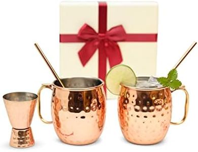 Kitchen Science [Gift Set] Moscow Mule Mugs, Stainless Steel Lined Copper Moscow Mule Cups Set of 2 (19 OZ) w/ 2 Straws & 1 Jigger | Tarnish-Resistant Stainless Steel Interior