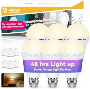 Neporal LITE Emergency Rechargeable Light Bulbs A19, Light Up to 48 hrs, Battery Operated Light Bulb, 5000K E26 LED Bulb, Emergency Lights for Home Power Failure (Soft White-6PK, 12, Watts)