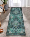 Moynesa Washable Kitchen Bathroom Runner Rug, 2x6 Non Slip Runner Rugs for Hallway, Boho Vintage Pet Friendly Carpet Runner for Hallway 2 x 6 Feet Laundry Room Doorway Bedroom Bedside, Teal