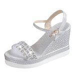 Momolaa Womens Glitter Rhinestone Open Toe Platform Wedges High Heel Sandals Ankle Strap Shinny Crystal Wedding Dress Shoes Party Shoes 5 1#Silver