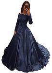 BessDress Off The Shoulder Formal Ball Gown Lace Illusion Long Sleeves Evening Party BD282, Navy Blue Style 2, 8