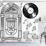 Jukebox Shower Curtain, Doodle Style Retro Music Box Notes Coins Long Play Vintage Sketchy Artwork, Fabric Bathroom Decor Set with Hooks, 75 Inches Long, Black and White