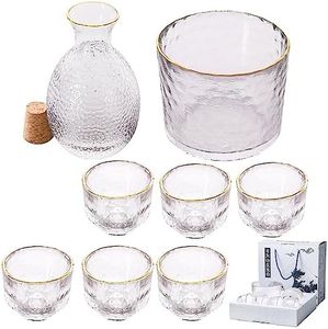 LUNKUIVY Sake Set Glasses Japanese, Fashionable Novel Trend Floating Design, Gold edge, 1 Sake Bottle, 1 Sake Tank and 6 Sake Cups, Luxury Japanese Gifts Set-8 pcs