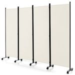 CASART Folding Room Dividers, 3/4 Panels Movable Protective Privacy Screens with Lockable Wheels, Steel Frame Portable Fabric Screen Room Partition for Home Office (4 Panels-224x30x172 cm, White)