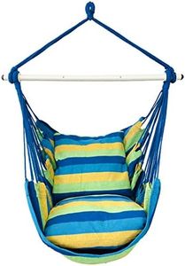 Highwild Hammock Chair Hanging Rope Swing - Max 500 Lbs - 2 Cushions Included - Steel Spreader Bar with Anti-Slip Rings - for Any Indoor or Outdoor Spaces (Blue Striped)