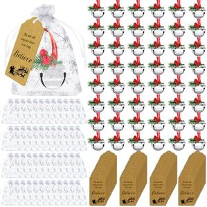 Yigney 48 Sets Christmas Believe Bells Santa Sleigh Bells with Snowflake Organza Bags Pine Needles Red Berry Gift Tags Christmas Bells Ornaments for Xmas Tree Wreath Gift Wrapping