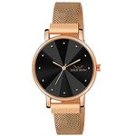 LOUIS DEVIN Rose Gold Plated Mesh Chain Analog Wrist Watch for Women (Black Dial) | LD-RG173-BLK