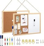 2-Pack Cork Board White Board Combo - 15.7 x 12 inches Whiteboard Bulletin Combination Board Hanging Office White Push Pin Board Vision Board for Room School Office Bedroom (with Pins, Hardware, Rope)