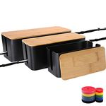 Cable Management Box Organizer, Set of 3 Bamboo Lid Storage Wires Holder to Cover Hide Surge Protector, Power Strips & Cord on Desk Floor - with 5 Cord Organized Tape for Home, Office, PC, TV, USB Hub