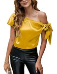 VIDUSSA Women's Satin Shirt Off Shoulder Tops Silk Blouse Short Sleeve Casual Tunic Tops Yellow S