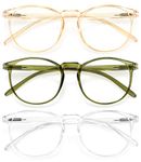 IBOANN Blue Light Blocking Glasses Women/Men, Round Fashion Retro Frame, Vintage Fake Eyeglasses with Clear Lens (3 pack, Tranparent & dark Green & orange)