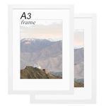 A3 Picture Frame Set of 2, Wooden A3 Frame with Mats Suitable for A3/A4 Print, Illustration A3 White Frame with Plexiglass for Wall Mount, Interior Decorative Paintings(White)