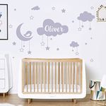 Personalised Name Baby Wall Sticker - Clouds, Stars, Moon & Bird [Light Grey]