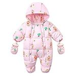 Milkiwai Newborn Baby Cute Warmer Hooded Snowsuit Quilting Process Zipper Unisex RompersThicken Cotton Fleece Winter Coats Jumpsuit with Detachable Gloves (Pink Girl, 3-9 Month)