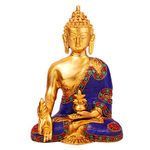 Kartique Brass Gautam Buddha Idol Statue Murti Draped in Stone Embellished Shawl for Home Decoration Medicine Buddha Height 9 Inch Multicolor Color Size Medium