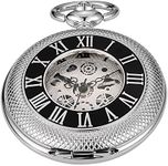 Whodoit Silver Black Single Open Mechanical Pocket Watch Roman Numeral Dial Mechanical Pocket Watches for Men, MW113, Classic