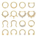 SAILIMUE 16PCS 16G Septum Rings Septum Jewelry Stainless Steel Septum Clicker Nose Rings Hoops for Women Men Horseshoe Daith Helix Tragus Cartilage Earrings Piercing Jewelry Gold Tone 8MM