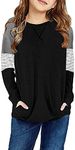 storeofbaby Casual T-Shirts for Girls Round Neck Color Block Tops Cute Tunic D Black