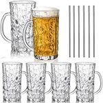 Lyellfe Set of 6 Glass Beer Mug, 18 Oz Large Beer Glasses with Handle Straw, Solid Clear Drinking Glassware Beer Cups for Freezer, Great for Cocktail, Juice, Soda, Beer, Whiskey, Beverage