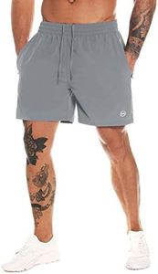 MOVEUP Men's Workout Running Shorts Quick Dry Spandex Fabric Athletic Active Short Fitness Shorts Gym Training Sport Shorts for Men with Zipper Pockets and Towel Loop Light Grey