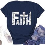 LINZEOO Womens Faith Shirts Christian Cross T-Shirts Bible Verse Blessed Letter Printed Tees Inspirational Tops Blue