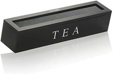 com-four® Tea Box with 6 Compartments for up to 90 Tea Bags - Black Wooden Storage Box for Tea - Tea Bag Box with Viewing Window - Tea Box - Tea Storage (Pack of 01-43 x 9 x 8.7 cm, Black)