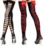 kilofly Black Thigh Highs Combo [Set of 2 Pairs] - Cross Net Back & Red Bowknots