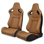 IKON MOTORSPORTS, Universal Racing Seats with Dual Sliders, Reclinable Brown PU + Carbon Leather with Hexagonal Quilting Sport Bucket Seats, 1 Pair Driver + Passenger Side