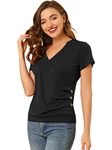 Allegra K Women's Wrap V Neck Short Sleeve Button Decor Ruched Top Black 12