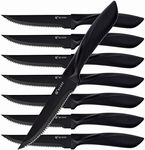 HISSF Steak Knives Set of 8, Black Serrated Stainless Steel Sharp Blade Flatware Steak Knife Set, 4.5 Inches,Non stick coating for Anti-rusting, for Restaurant Tableware Kitchen Camping