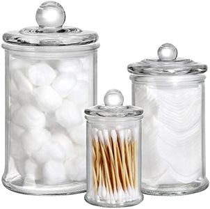 Suwimut Set of 3 Glass Apothecary Jars with Lids, Bathroom Canisters Storage Container Jars Small Glass Jars for Kitchen Bathroom Storage Qtip, Cotton Swabs, Cotton Balls, Makeup Sponges, Bath Salts