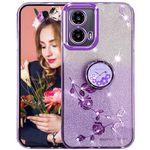 Ysnzaq Flower Case for Motorola Moto E14/ Moto G04 for Women Girls, Bling Glitter Floral Soft TPU Silicone Slim Clear Shockproof Cover with Ring Kickstand for Motorola Moto E14. YSH-Purple