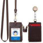 Wonderpool Leather ID Badge Holder with Zipper Wallet Pouch - Card Slots Case Detachable Neck Lanyard and Retractable Badge Reel for Office School Hospital Exhibition ID (Coffee)