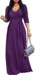 FANDEE Women's 2024 Maxi Dress - Solid Color Bohemian Summer Long Maxi Dress V-Neck 3/4 Sleeve, Purple, X-Large