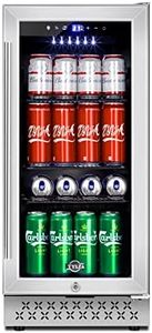 Tylza 15 Inch Beverage Refrigerator, 130 Cans Quiet Beverage Fridge, 15'' Beverage Cooler Under Counter with Glass Door and Lock for Built-in or Freestanding With Temperature Memory Function TYBC100