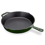 Navaris Enameled Cast Iron Skillet - 12" Frying Pan with Enamel Coated Finish - 12 inch Kitchen Cookware Fry Griddle for Stove Top and Oven - Green