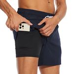 Arcweg Men's Swimming Shorts Swimming Trunks with Compression Lining Mens Swim Shorts with Zipper Pockets 2 in 1 Quick Dry Stretchy Board Shorts Beach Shorts Navy Blue XL(UK)