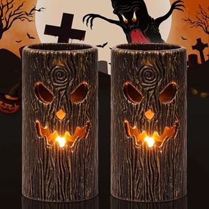 Lasumora Halloween Hollow Tree Cutout Candle, Flameless Pillar Candles with 6H Timer, Tree Hollow Carved Decorative Candle, Battery Operated LED Candles for Halloween Decor Indoor
