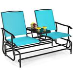 Tangkula 2 Person Glider Bench Chair, Patio Rocking Loveseat w/Center Tempered Glass Table, Outdoor Swing Bench w/Steel Frame & Breathable Mesh Fabric for Porch, Balcony, Poolside