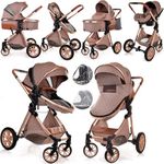 Baby Pram Pushchair Buggy Stroller 3 in 1 Child Lightweight Folding Stroller 3 in 1 Travel System Pram for Newborns Toddlers 0-36 Months from Birth Aluminum (Beige)