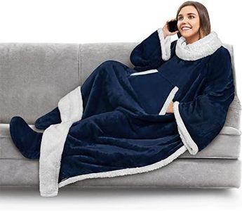 PAVILIA Sherpa Blanket with Sleeves, Foot Pocket for Women Men Adults, Thick Wearable Blanket Throw Wrap, Fleece Warm Snuggle Blanket Robe, Cozy Gift Ideas Wife Mom, Navy Blue