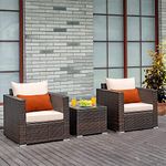 DEVOKO All Weather Resistant Rattan Wicker 3 Piece Outdoor Patio Bistro Set for Balcony, Garden, Lawn, Poolside (Dark Brown & Cream)