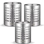 KSENDALO Round SUS304 Stainless Steel Utensil Holder Set of 3 - Silver Caddy & Organizer for Drying Cooking Spoons, Spatulas, and Silverware - Essential Kitchen Container for Countertop