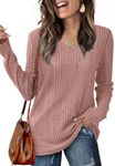 Saloogoe Long Sleeve Shirts for Women V Neck Sweaters Cute Teen Girls Winter Clothes 2024 Pink M